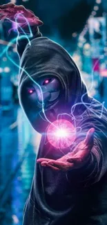 Hooded figure with neon energy in cyberpunk city.