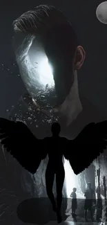 Dark abstract wallpaper with faceless figure and wings.