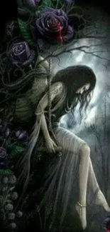 Dark angel with roses in a mysterious, gothic scene.