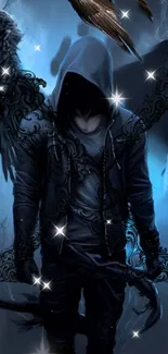 Mysterious hooded angel with wings in dark blue hues.