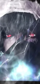 Mysterious anime character with red eyes in a dark, shattered glass setting.