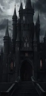 A gothic castle under a full moonlit sky with dark clouds.