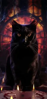 Mysterious black cat surrounded by candles with a fiery gothic background.