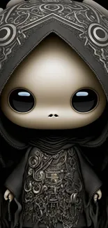 Mysterious dark cloaked figure with intricate patterns and large eyes.