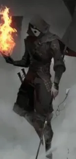 A cloaked figure holding a fiery orb in a dark fantasy setting.