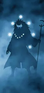 Mysterious figure in misty blue aura.