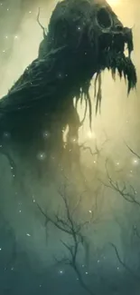 Eerie forest creature with skull in misty, dark setting.