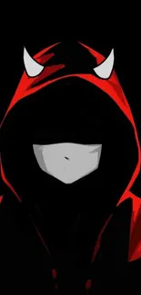 Dark hooded figure with red accents and horns on black background.