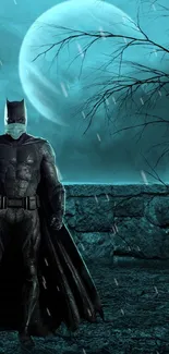 Dark knight standing in moonlit, atmospheric scene with gothic background.