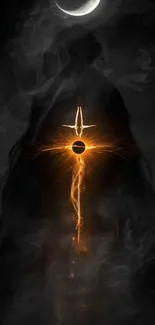 Glowing sword and moon in dark smoke.