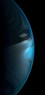 Dark blue planet with swirling patterns on a black background.