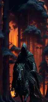 Mysterious hooded rider in a fiery forest.