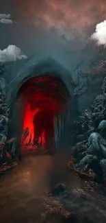 Enigmatic dark tunnel with red glow wallpaper.