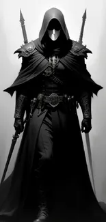 Dark warrior in black cloak holding swords, monochrome illustration.