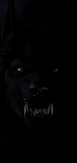 Dark wolf in shadows with glowing eyes.