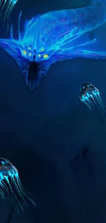 Glowing deep sea creature with jellyfish in a mysterious underwater scene.