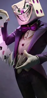 Dice-headed character in purple tuxedo holding cards.