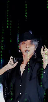 Person in black surrounded by green digital code, reminiscent of Matrix design.