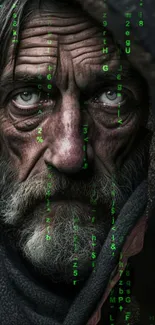 Mysterious man with digital code over face in dark tones.