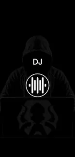 Mysterious DJ hooded figure with soundwave, dark wallpaper.