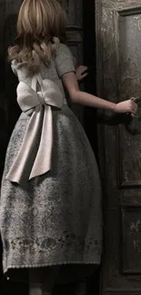 A mysterious figure in gray dress opens an antique door.