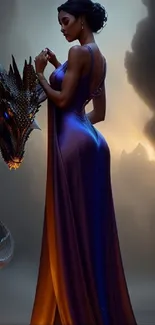 A woman in a purple gown stands with a dragon against a dark sky.