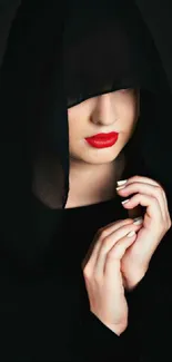 Mysterious woman in black veil with red lips.