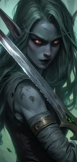 Dark elf warrior with a sword in a mysterious forest setting.