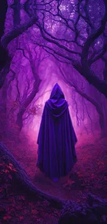 A cloaked figure stands on a purple forest path surrounded by twisted trees.