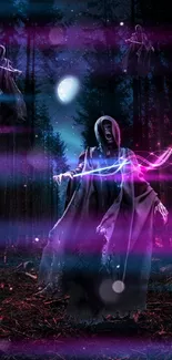 Hooded specters with glowing lights in an enchanted forest wallpaper.