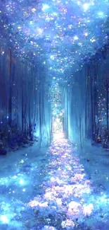 Enchanting blue forest pathway with glowing lights and flowers.