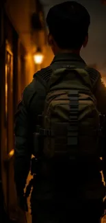 Silhouetted figure with backpack in a dimly lit alleyway at night.