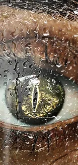 Close-up of an eye with raindrops, featuring a reptilian design.