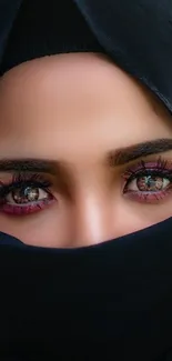 Close-up of mysterious eyes in a black hijab, creating an enigmatic and striking image.