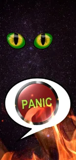 Mysterious eyes and panic button on galaxy-themed wallpaper.