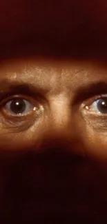 A close-up of mysterious eyes with a shadowy brown background.