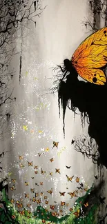 Silhouette fairy on cliff with butterflies in vibrant fantasy forest scene.