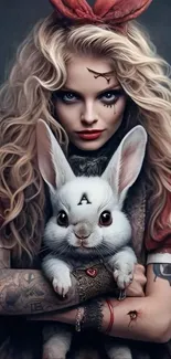 Fantasy art wallpaper with mysterious girl and rabbit.