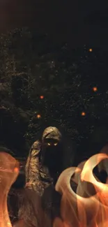 Cloaked figure with glowing eyes surrounded by fire in a dark setting.