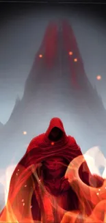 Hooded figure in red cloak with flames and mountain backdrop.