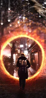 Person entering a mysterious fiery portal with city lights.