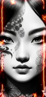 Artistic fiery portrait wallpaper, black and white face with vivid flames.