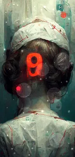 Mysterious figure with neon number 9 on head, dark surreal design.