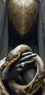Veiled figure holding a snake with intricate detailing.