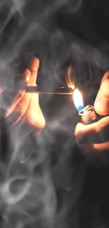 Close-up of hands with a lighter in the dark, creating a mysterious ambiance.