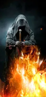 Dark warrior shrouded in flames with a hooded cloak and sword.