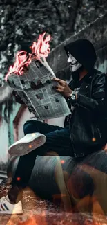 Masked figure reading a burning newspaper in an urban setting.