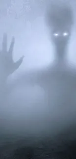 Mysterious foggy silhouette with glowing eyes on a grey background.