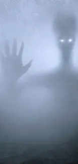 A mysterious foggy figure with glowing eyes emerges in a misty landscape.