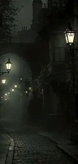 Foggy street with vintage lamps and cobblestones at night, creating a mysterious mood.